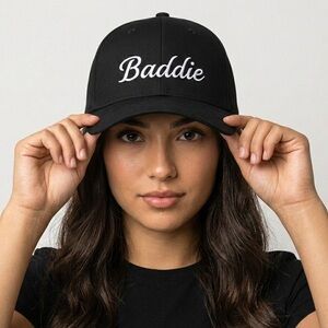 Baddie Black Baseball Hat White Script Embroidered Adjustable Cap Cute Trendy